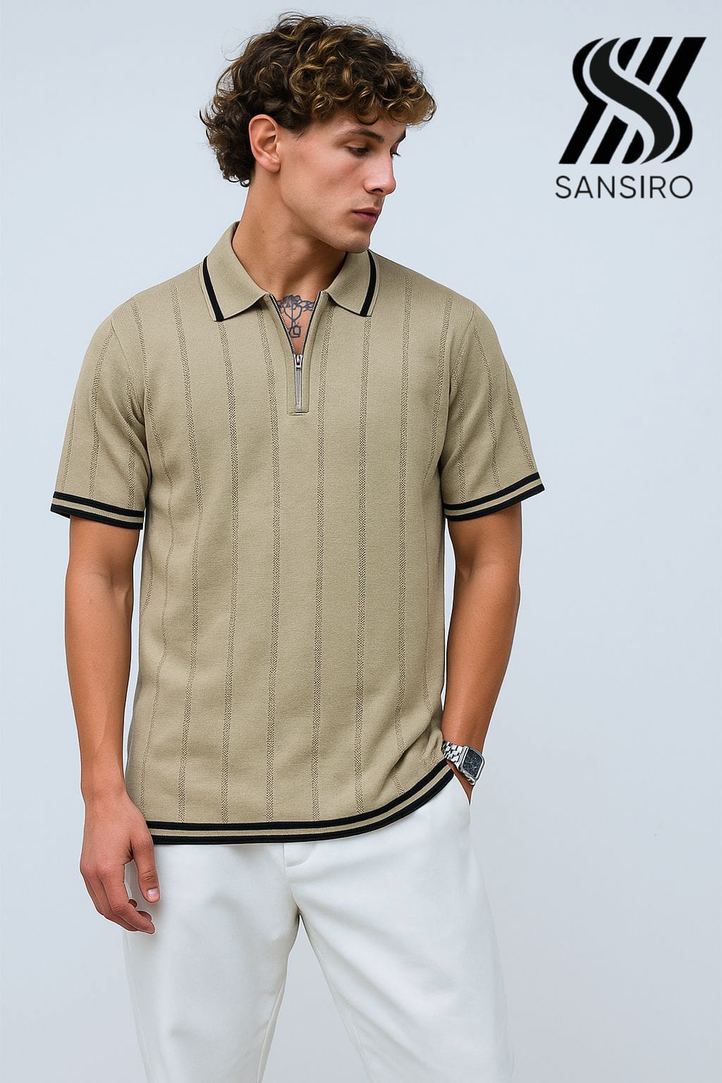 100% Cotton Slim Fit Zip Polo T-Shirt for Men – Textured Knit | SANSIRO