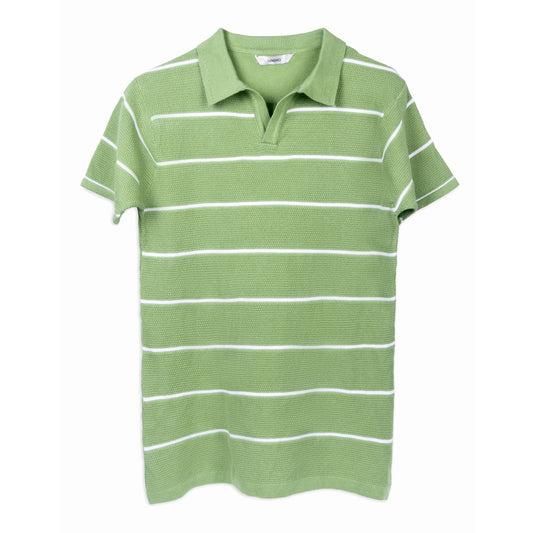 Green and White Knit Stripe Polo Neck T-shirt