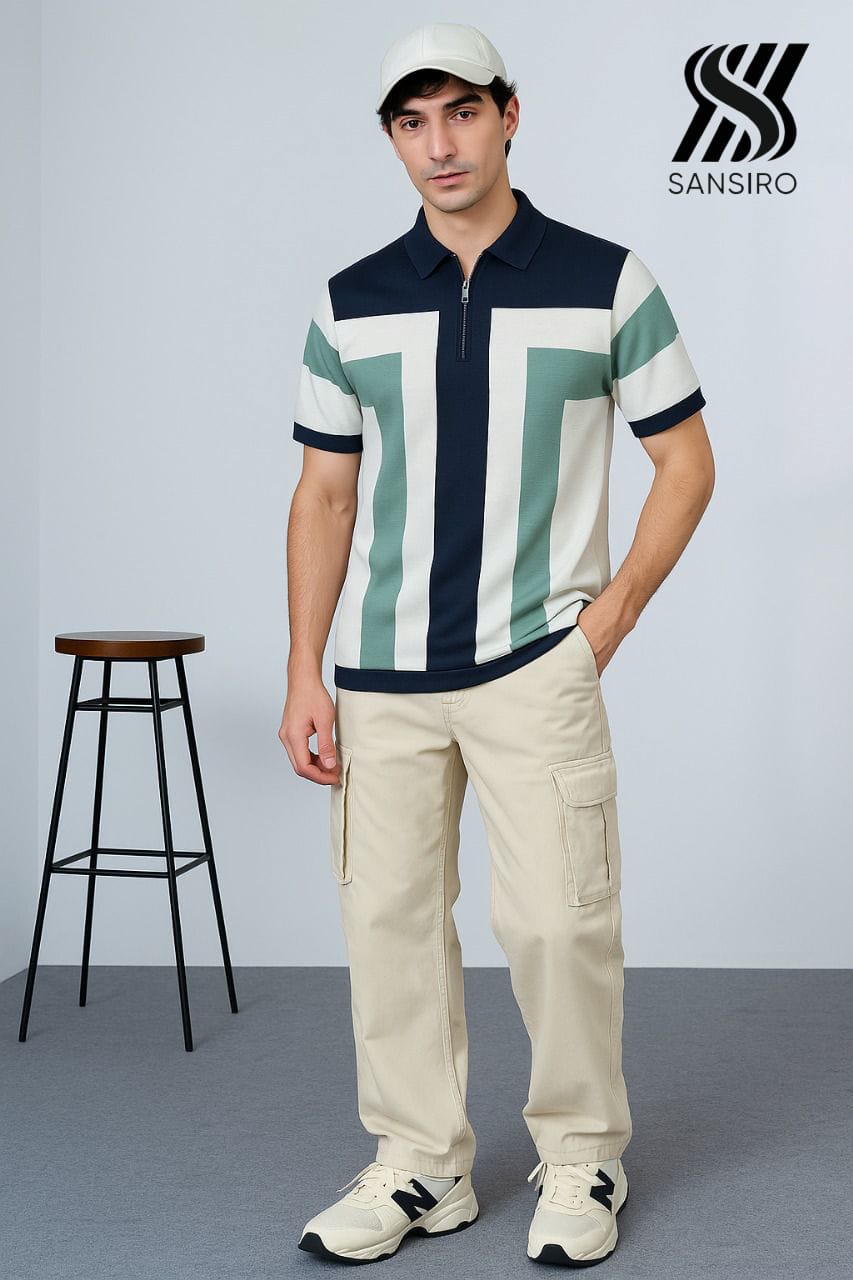 100% Cotton Panel Polo for Men – Zip Neck Contrast Knit | SANSIRO