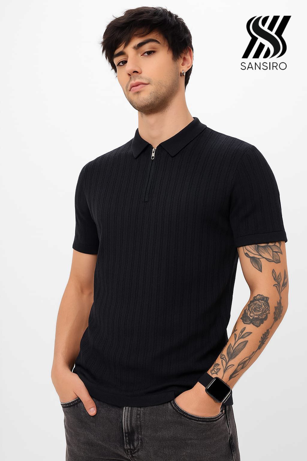100% Cotton Half‑Zip Polo for Men – White Textured Knit | SANSIRO