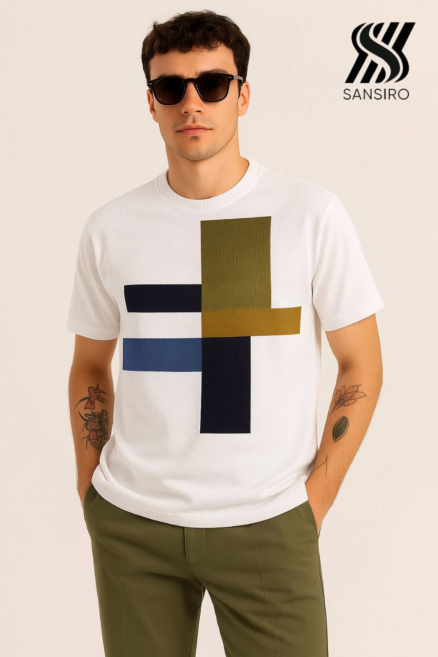 100% Cotton Flat Knit T-Shirt for Men – White Abstract | SANSIRO