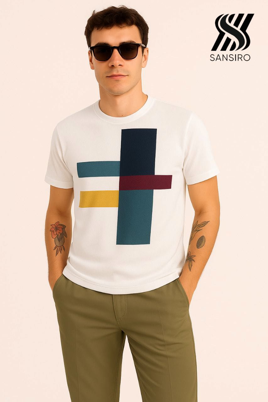100% Cotton Flat Knit T-Shirt for Men – White Abstract | SANSIRO