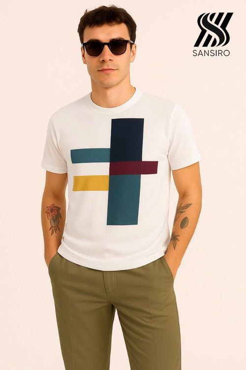 100% Cotton Flat Knit T-Shirt for Men – White Abstract | SANSIRO