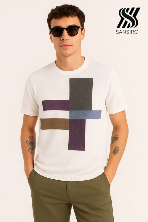 100% Cotton Flat Knit T-Shirt for Men – White Abstract | SANSIRO