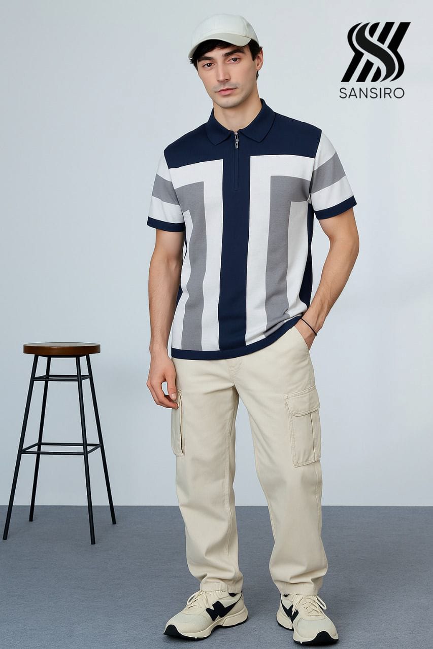 100% Cotton Panel Polo for Men – Zip Neck Contrast Knit | SANSIRO