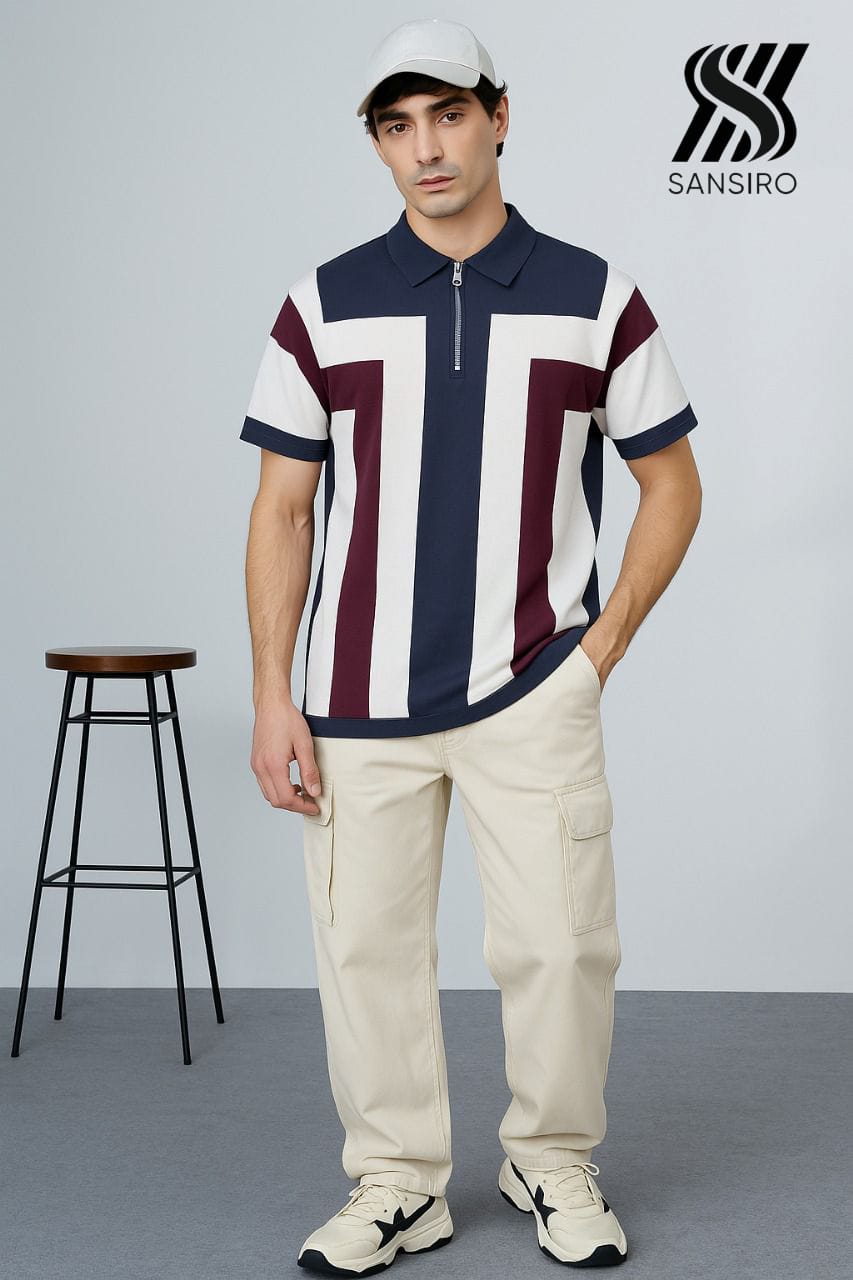 100% Cotton Panel Polo for Men – Zip Neck Contrast Knit | SANSIRO