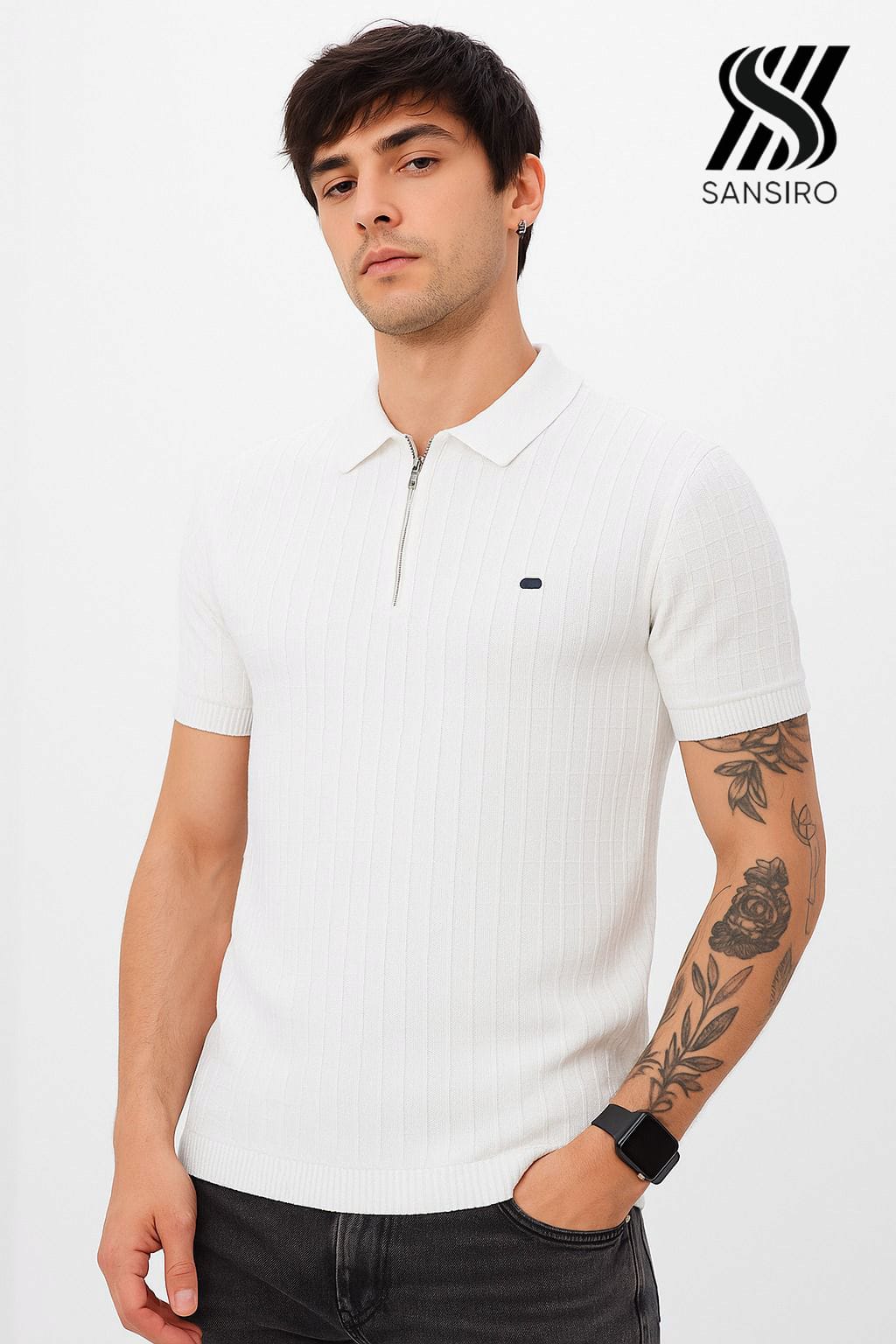 100% Cotton Half‑Zip Polo for Men – White Textured Knit | SANSIRO