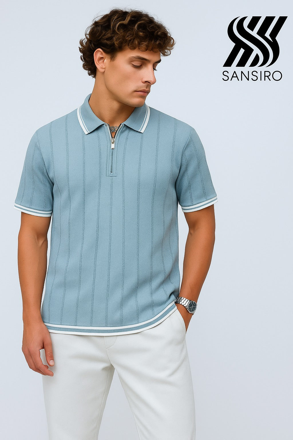 100% Cotton Slim Fit Zip Polo T-Shirt for Men – Textured Knit | SANSIRO