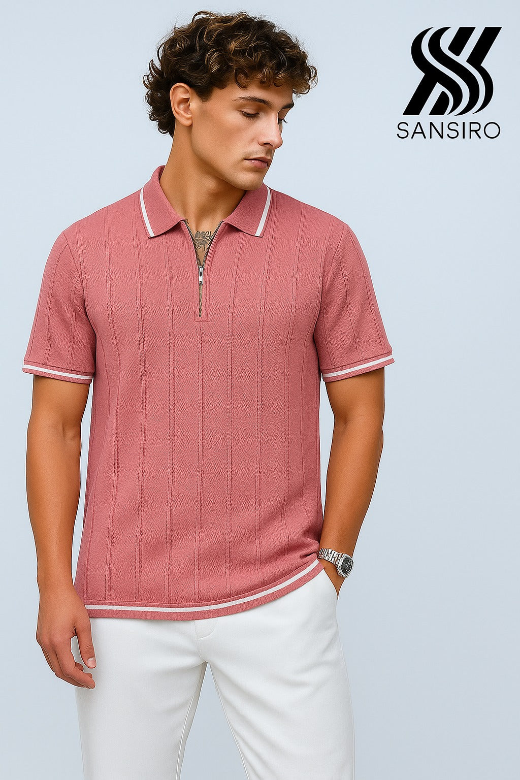 100% Cotton Slim Fit Zip Polo T-Shirt for Men – Textured Knit | SANSIRO