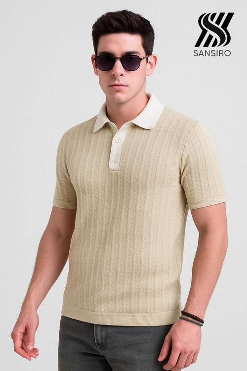 100% Cotton Cable Knit Polo Shirt for Men – Off‑White | SANSIRO
