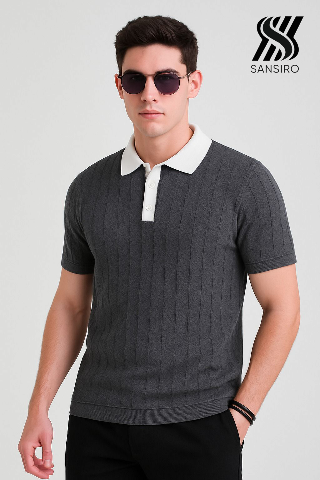 100% Cotton Cable Knit Polo Shirt for Men – Off‑White | SANSIRO